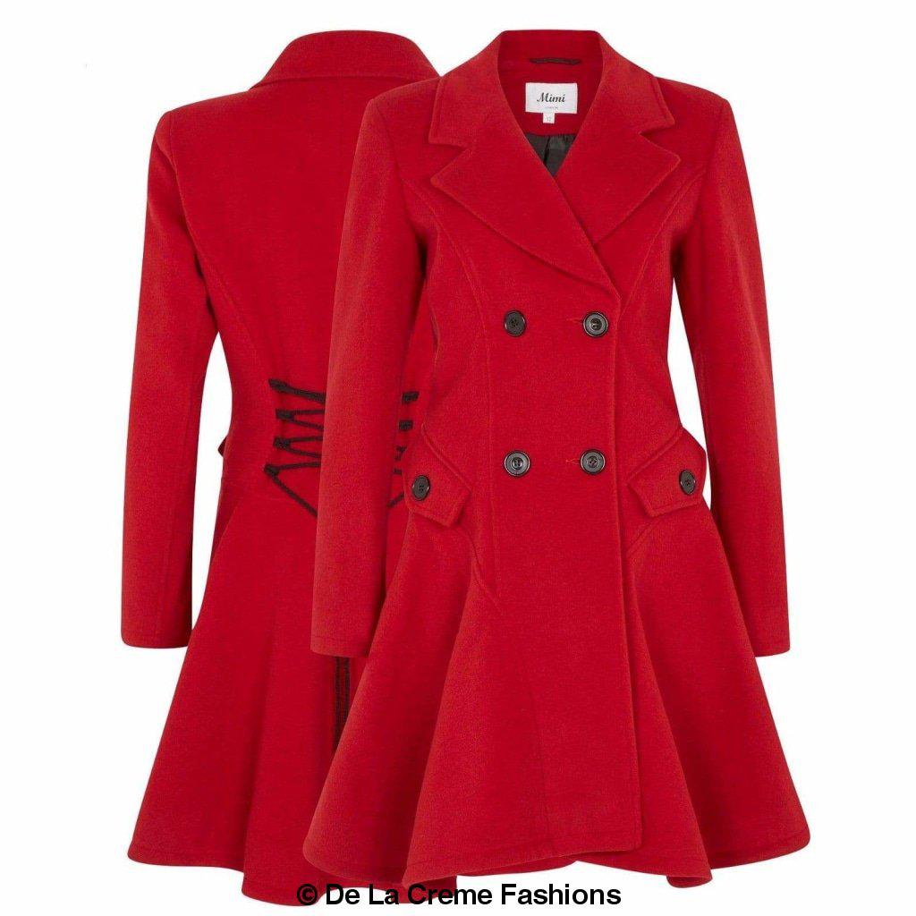 Wool Blend Double Breasted Skater Coat 1102 in red with buttons and lace detail, A-line fit.