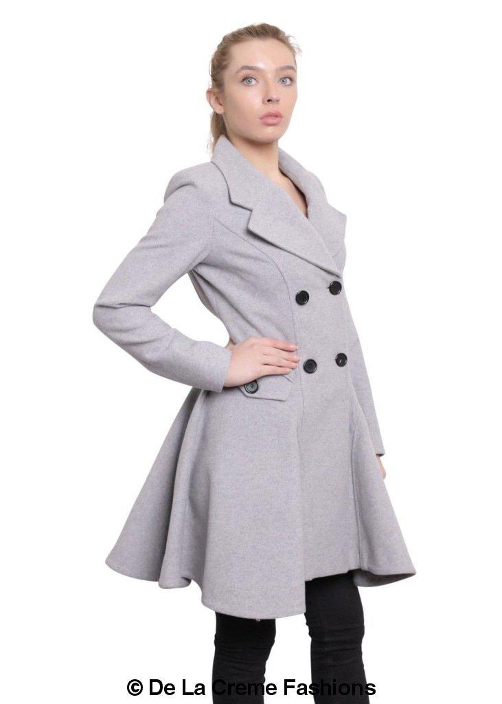 Wool Blend Double Breasted Skater Coat (1102) in light grey, featuring double-breasted fastening and A-line shape.