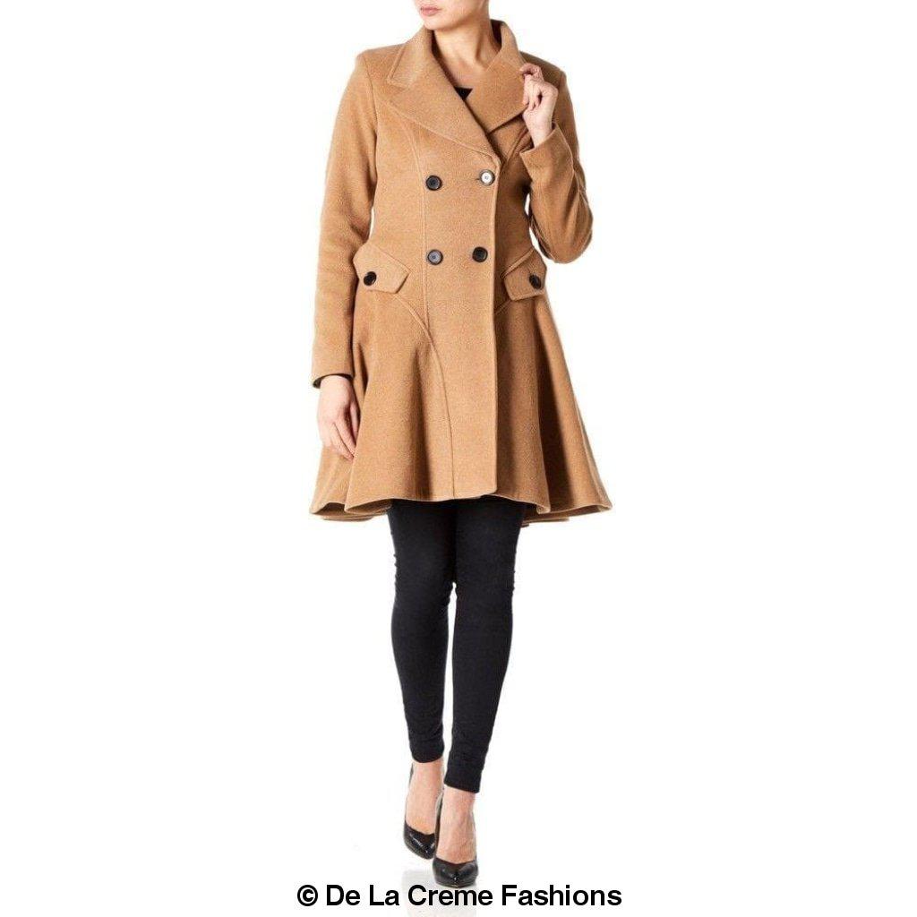 Wool Blend Double Breasted Skater Coat (1102) by De La Creme Fashions, camel color, A-line fit, double breasted, Italian fabric.