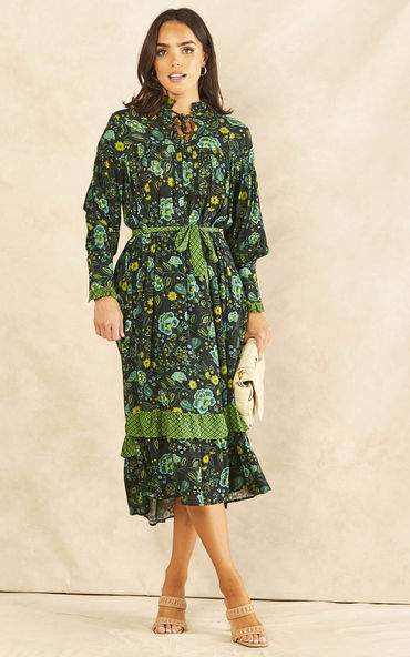 Kingfishe Dress, long-sleeved tiered dress with frill neck, pure viscose fabric, elegant everyday wear.