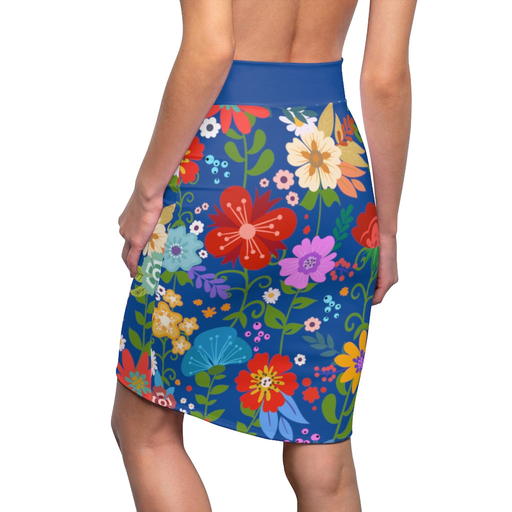 Womens Pencil Skirt, High Waist Stretch, Multicolor Floral Print, Blue