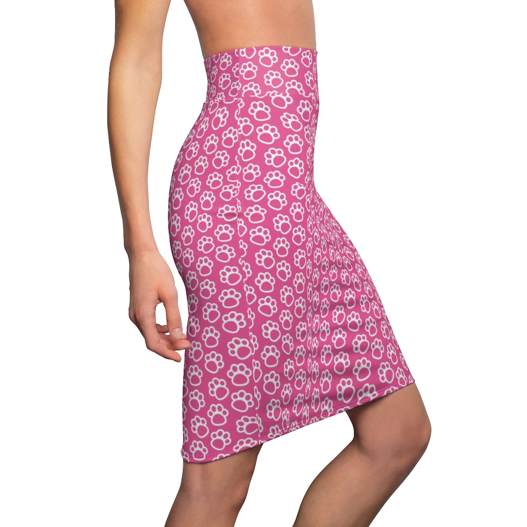 Womens Pencil Skirt, Pink and White Paws Stretch Mini, S294025
