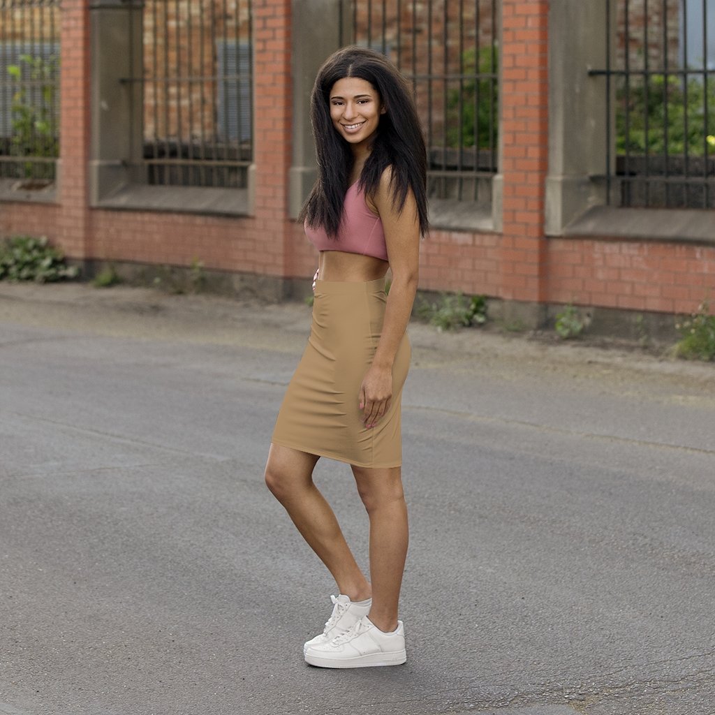 Womens Pencil Skirt, Camel Brown Stretch Mini