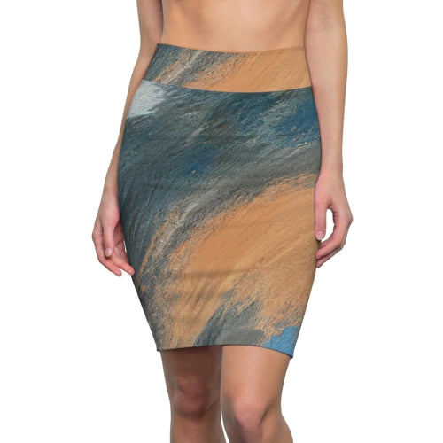 High Waist Womens Pencil Skirt - Contour Stretch, Abstract Blue Orange