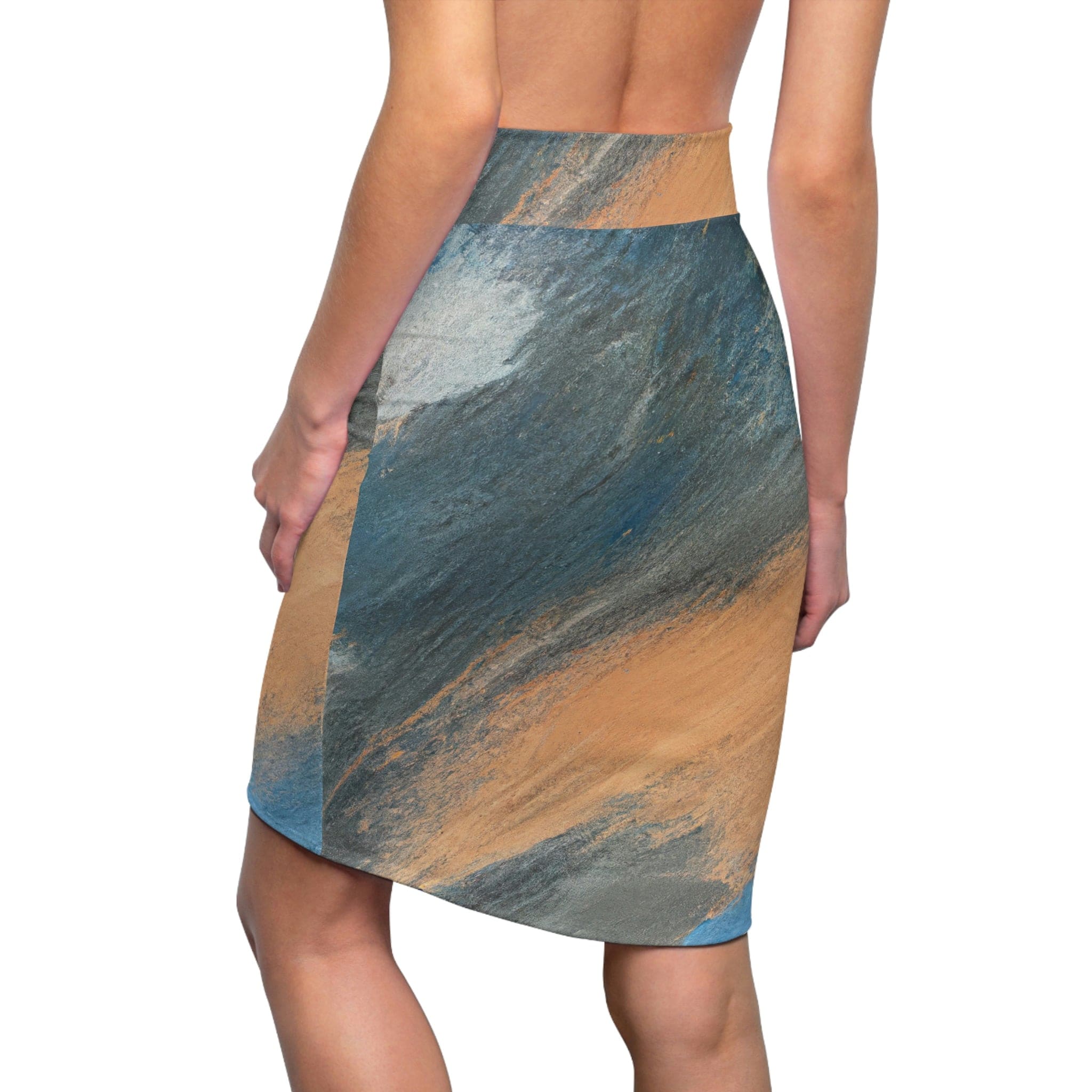 High Waist Womens Pencil Skirt - Contour Stretch, Abstract Blue Orange