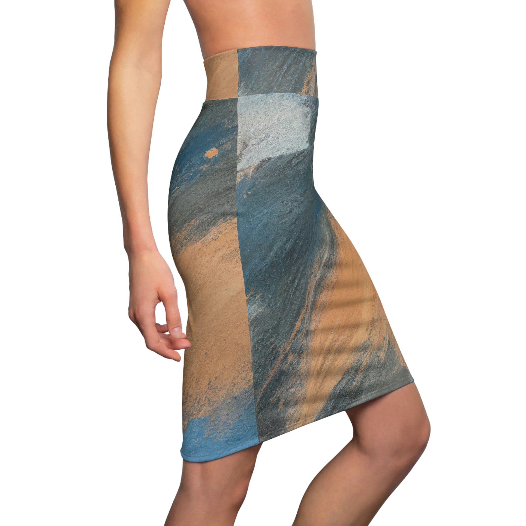 High Waist Womens Pencil Skirt - Contour Stretch, Abstract Blue Orange
