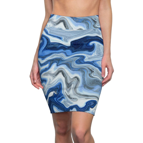 High Waist Womens Pencil Skirt - Contour Stretch - Blue White Grey