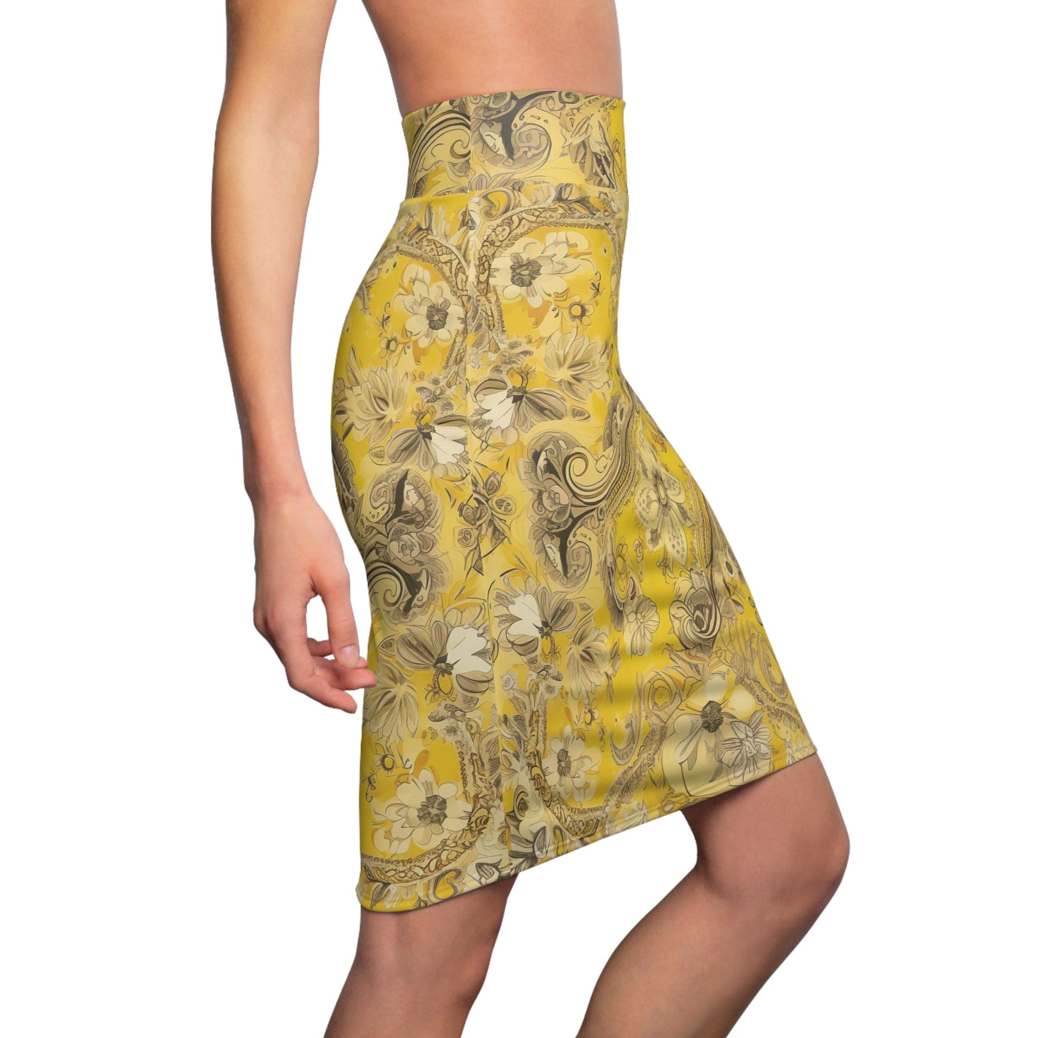 High Waist Womens Pencil Skirt - Contour Stretch - Yellow Floral