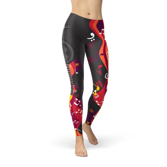 Colorful music note leggings with guitar design, featuring premium quality and comfort ideal for workouts and casual wear.