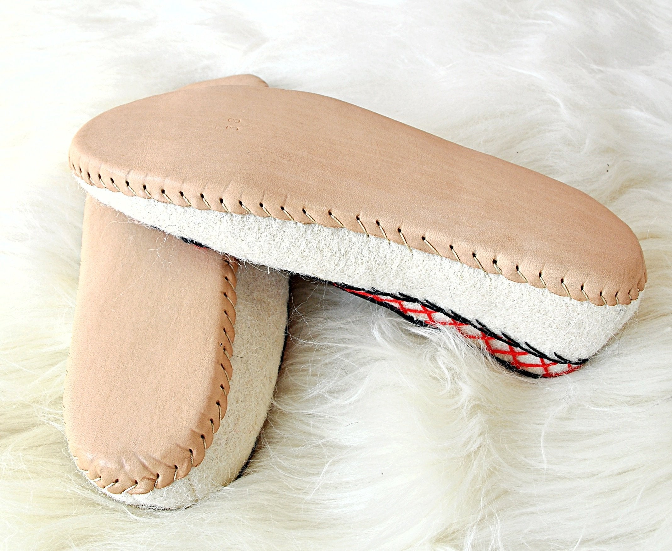 Ivory Felt and Real Leather Folk Slippers.