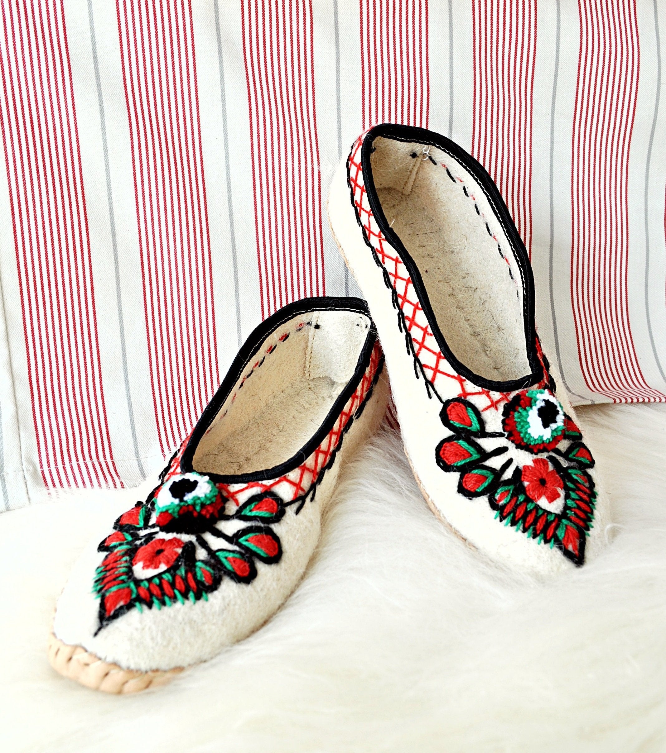 Ivory Felt and Real Leather Folk Slippers.