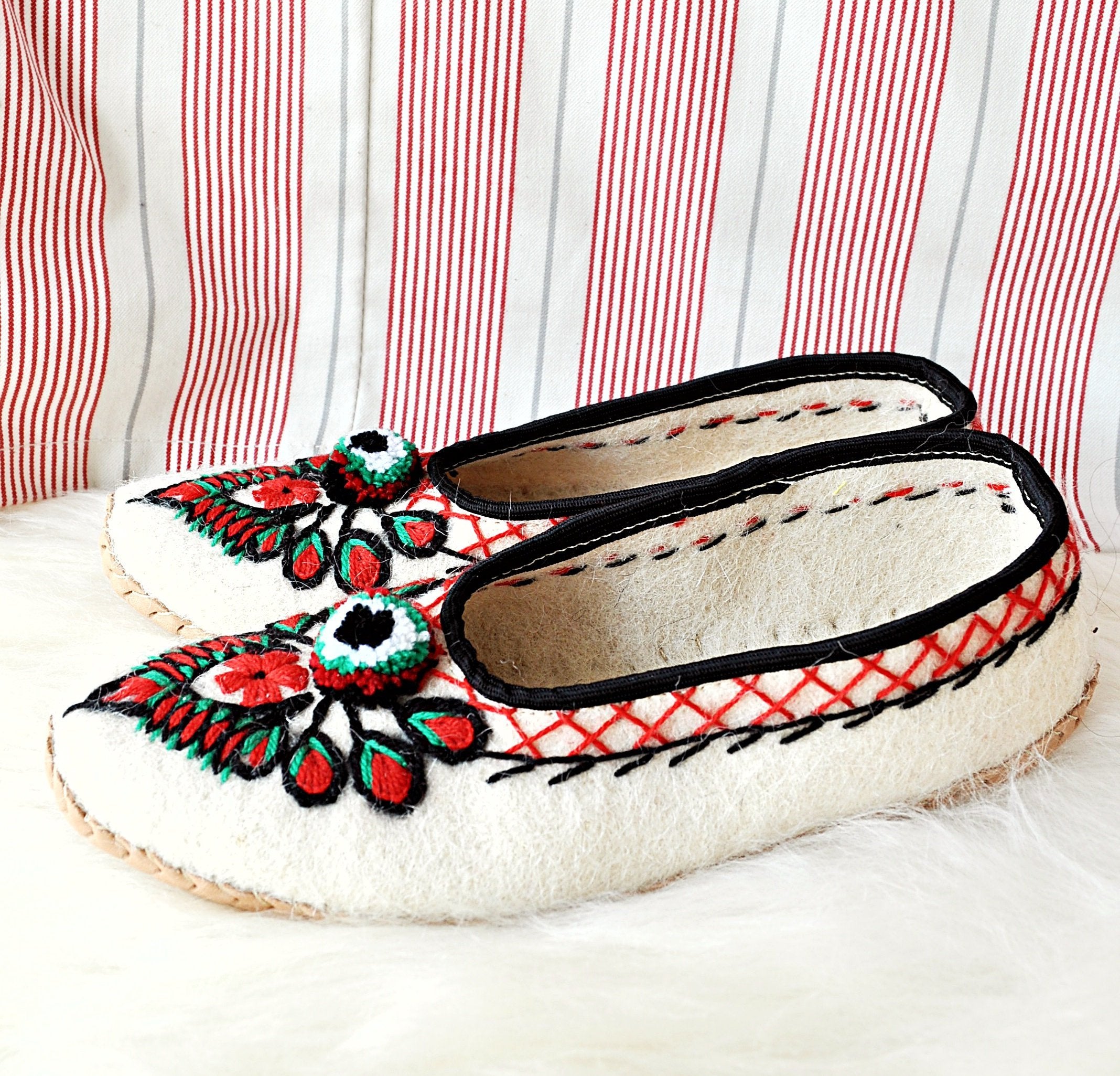 Ivory Felt and Real Leather Folk Slippers.