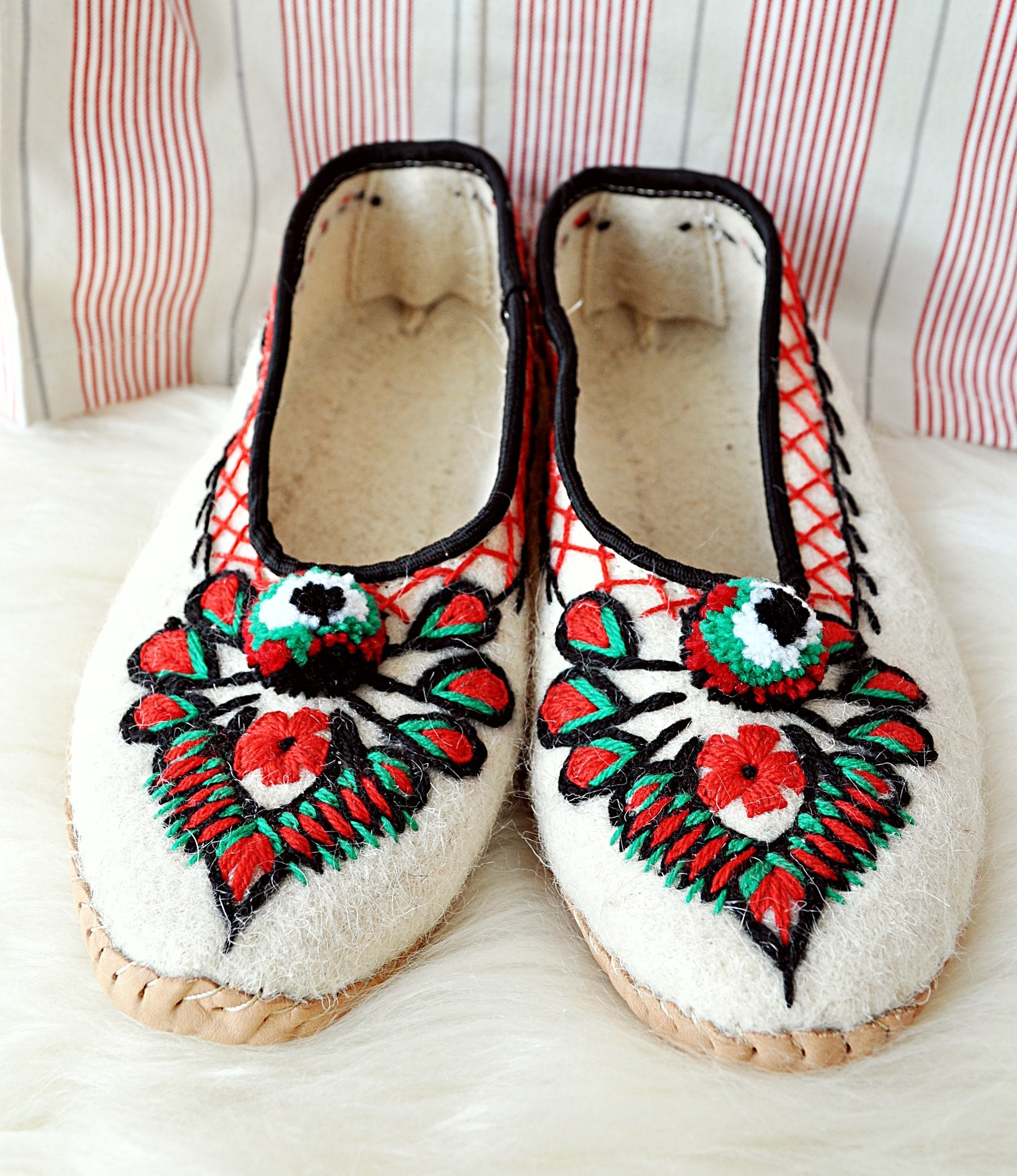 Ivory Felt and Real Leather Folk Slippers.