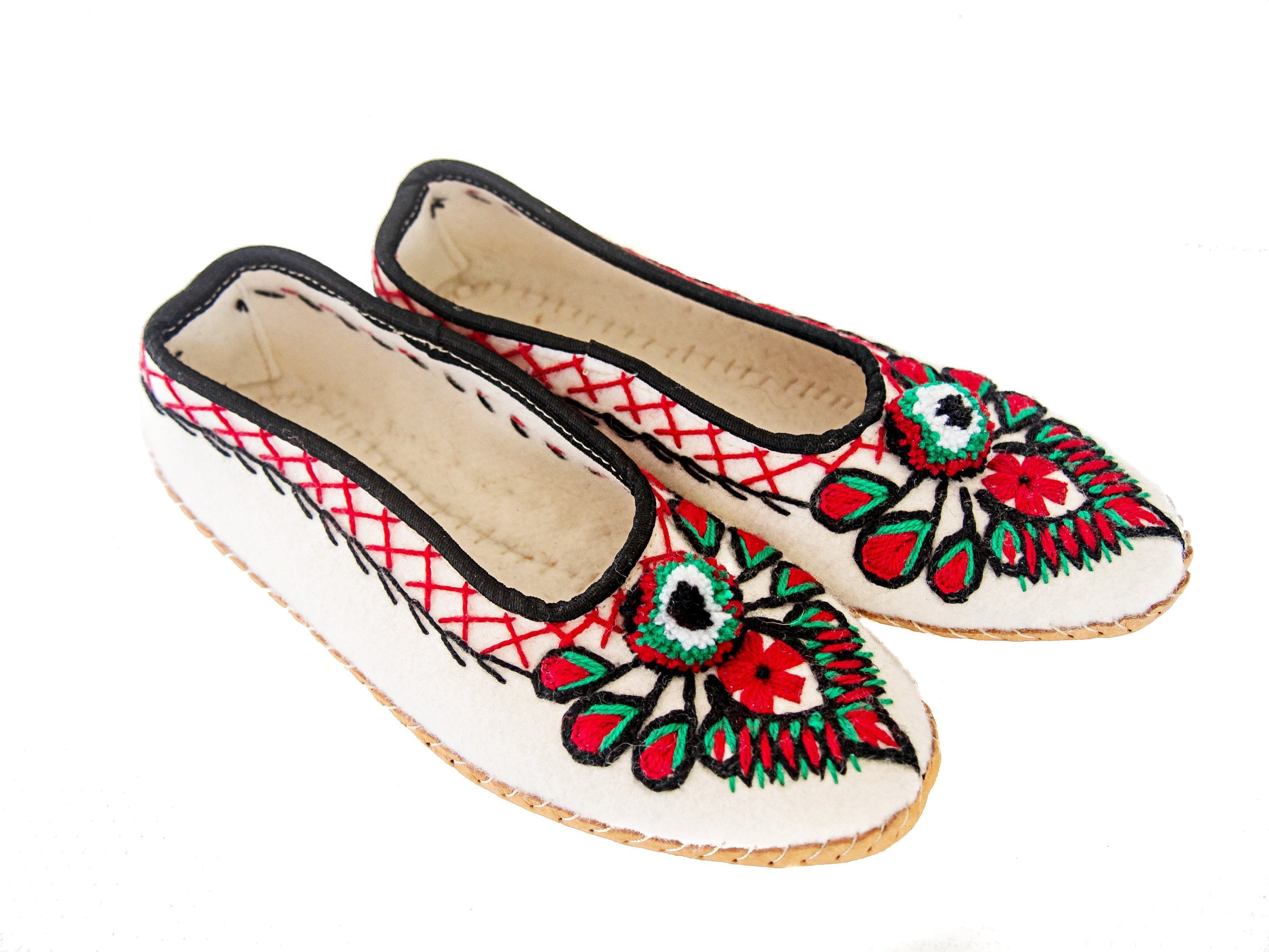 Ivory Felt and Real Leather Folk Slippers.