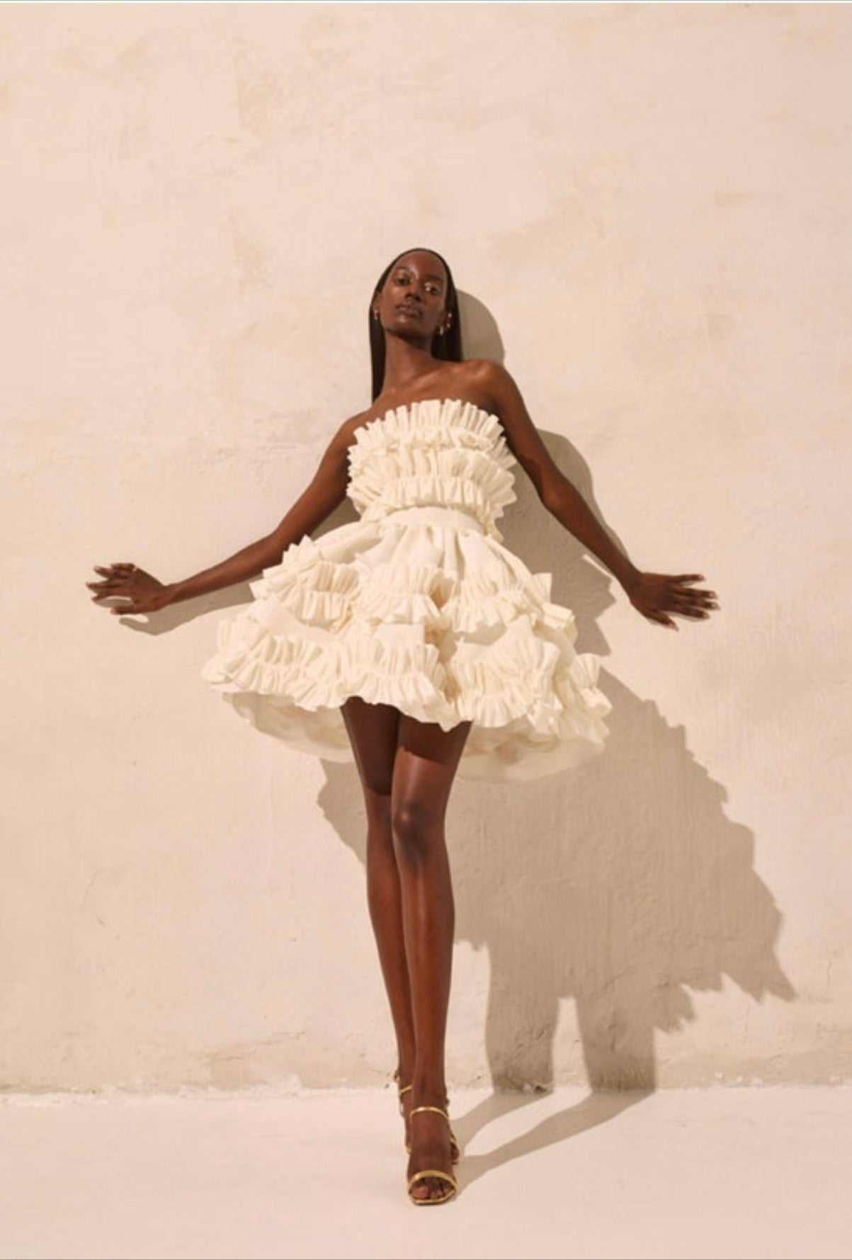 Tube Ruffle Cupcake Dress in cream color, strapless with layered ruffle details, available in XS to 8XL sizes.