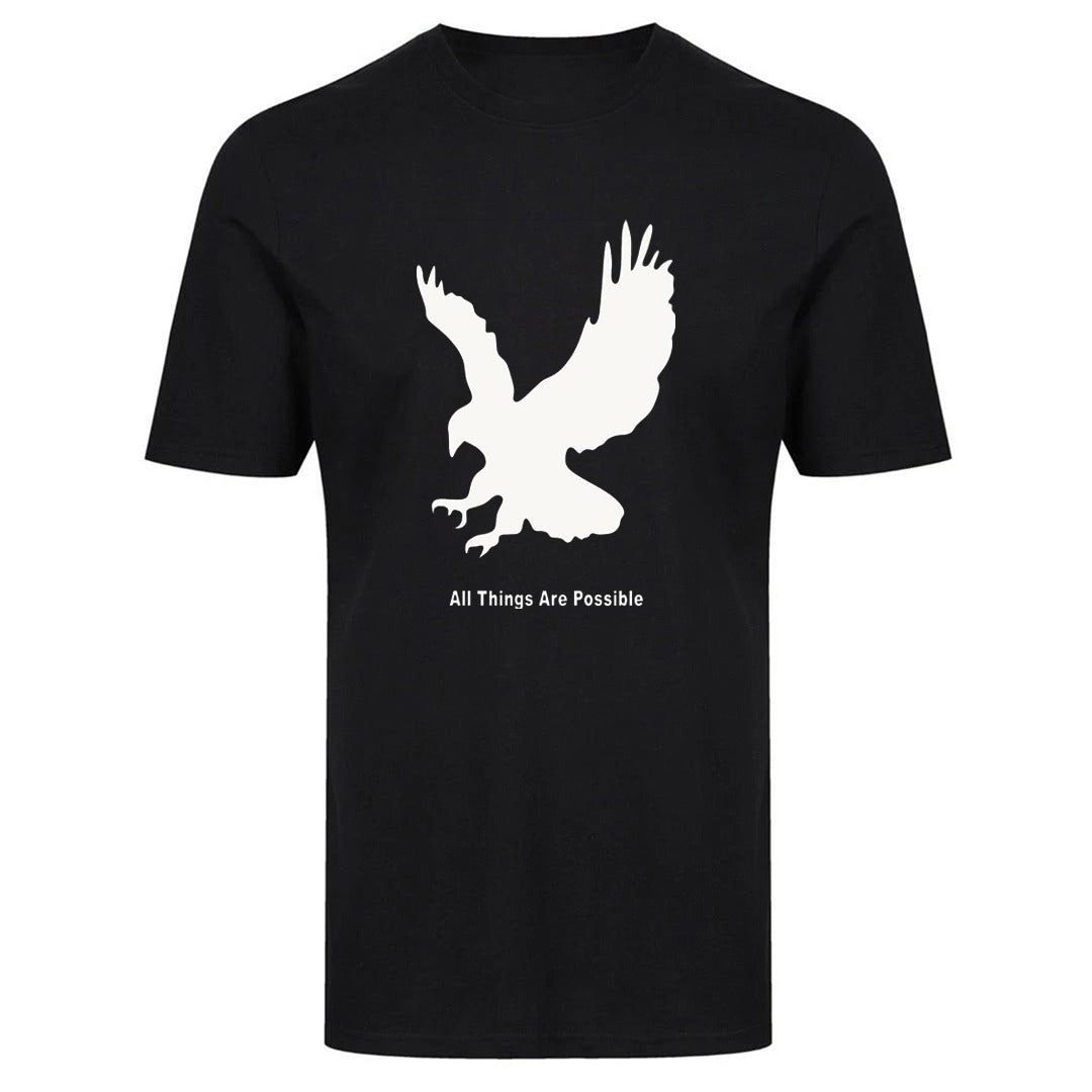 Black Eagle T-shirt with white eagle design and text "All Things Are Possible" on the front.