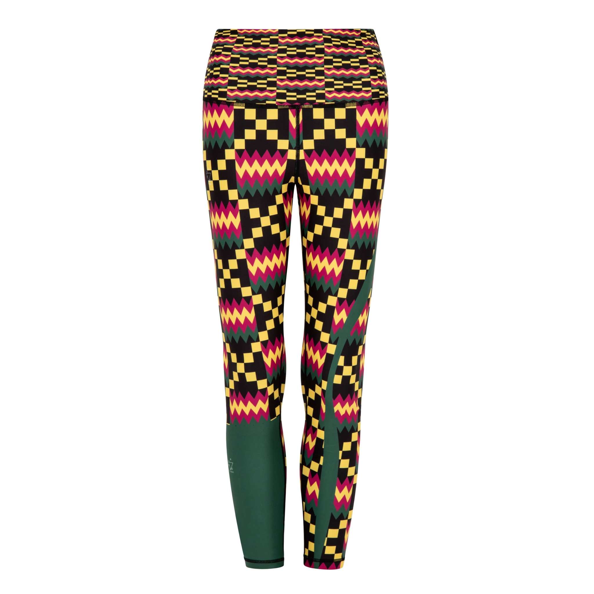 Kayentee Green Vibrant Leggings with bold geometric pattern featuring Cerulean Blue, Cerise, Black, and Yellow.