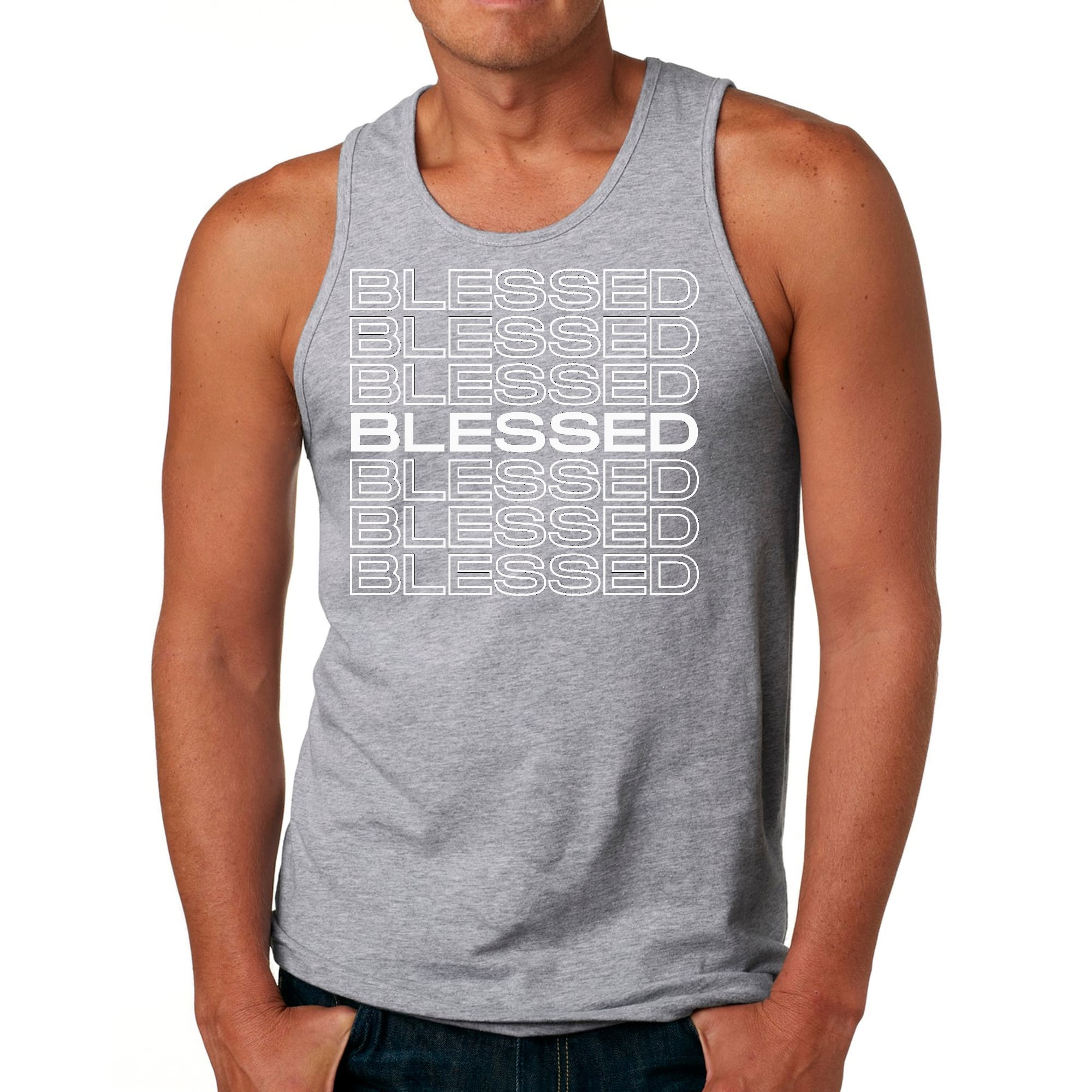 Mens Fitness Tank Top Graphic T-shirt Blessed Stacked Print