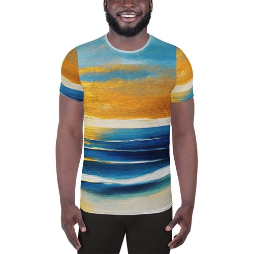 Mens Stretch Fit Athletic Sports T-shirt, Blue Ocean Golden Sunset 3