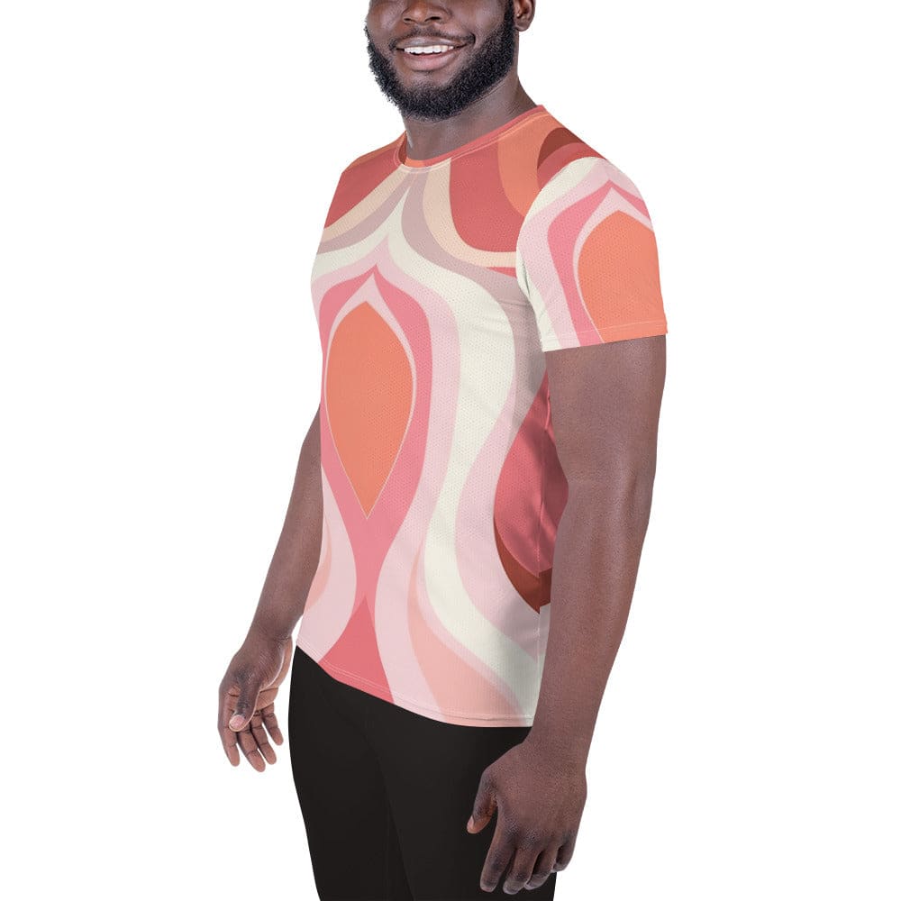 Mens Stretch Fit Athletic Sports T-shirt, Pink White Boho Swirl Lines