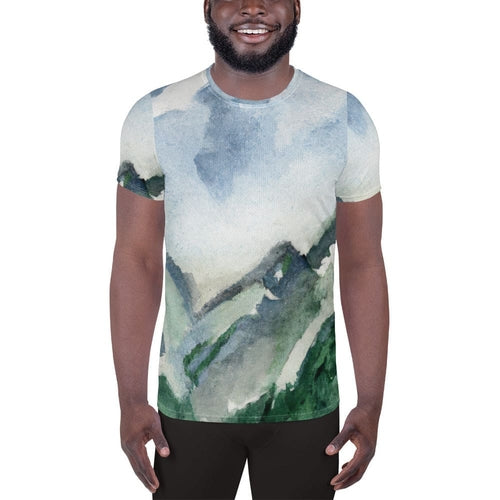 Mens Stretch Fit Athletic Sports T-shirt, Green Mountainside Nature