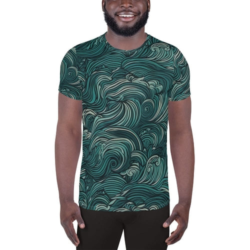 Mens Stretch Fit Athletic Sports T-shirt, Mint Green Water Wave Print