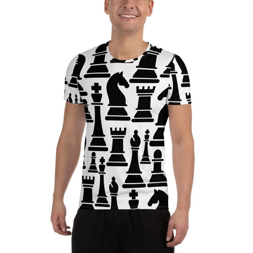 Mens Stretch Fit Athletic Sports T-shirt, Black and White Chess Print