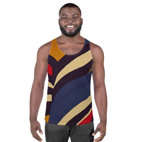 Mens Stretch Fit Tank Top, Brown Red Blue Colorblock Lines