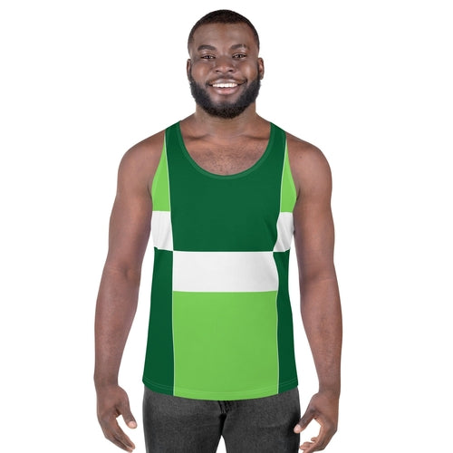 Mens Stretch Fit Tank Top, Green White Colorblock Grid Lines