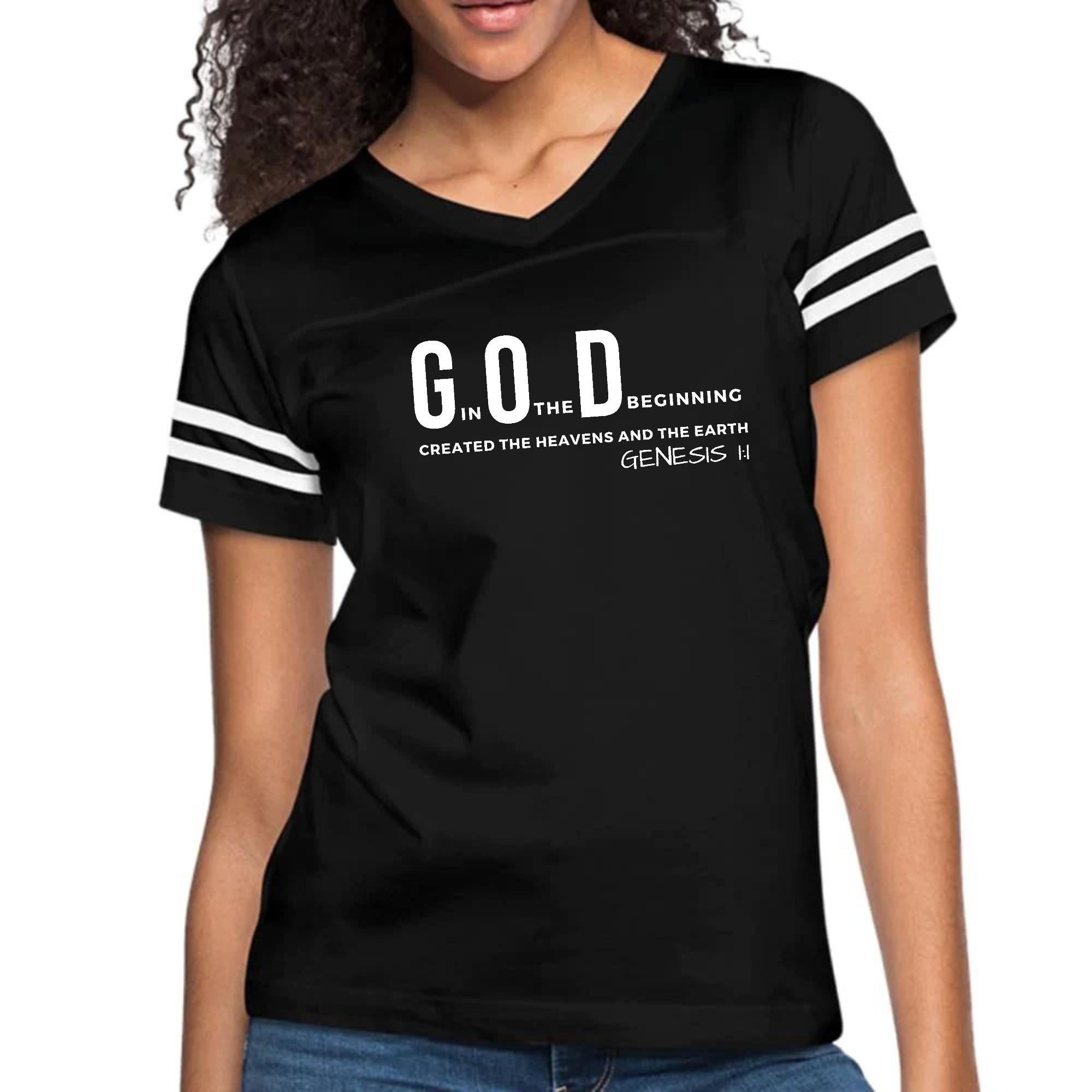 Womens Vintage Sport Graphic T-shirt, God in the Beginning Print