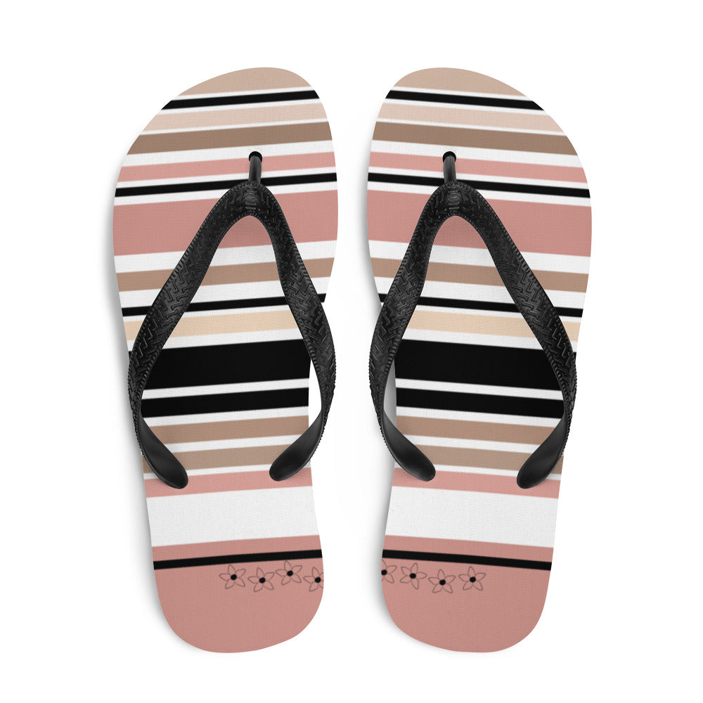 Striped Beige Black & Cream Flower Detail Flip Flops. Beach Shoes