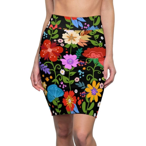 Womens Pencil Skirt, High Waist Stretch, Multicolor Floral Print,