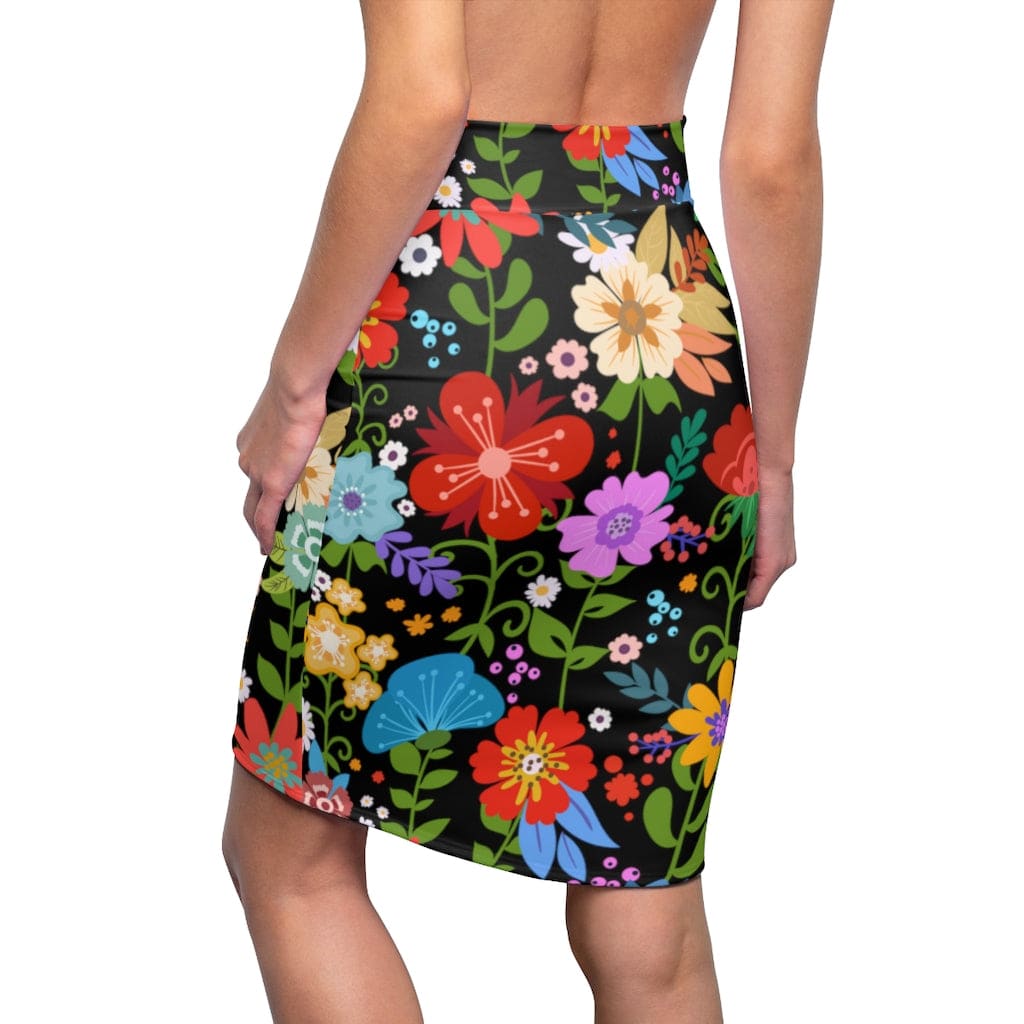 Womens Pencil Skirt, High Waist Stretch, Multicolor Floral Print,