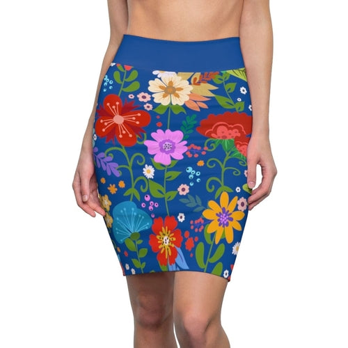Womens Pencil Skirt, High Waist Stretch, Multicolor Floral Print, Blue