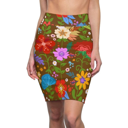 Womens Pencil Skirt, High Waist Stretch, Multicolor Floral Print,