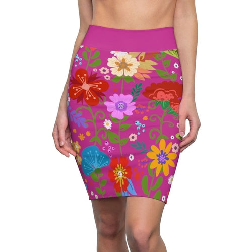 Womens Pencil Skirt, High Waist Stretch, Multicolor Floral Print, Pink