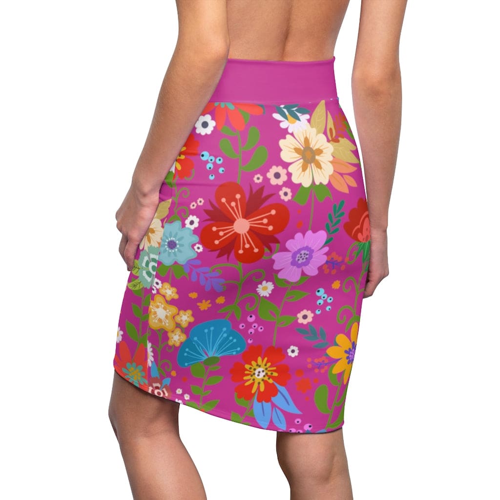 Womens Pencil Skirt, High Waist Stretch, Multicolor Floral Print, Pink