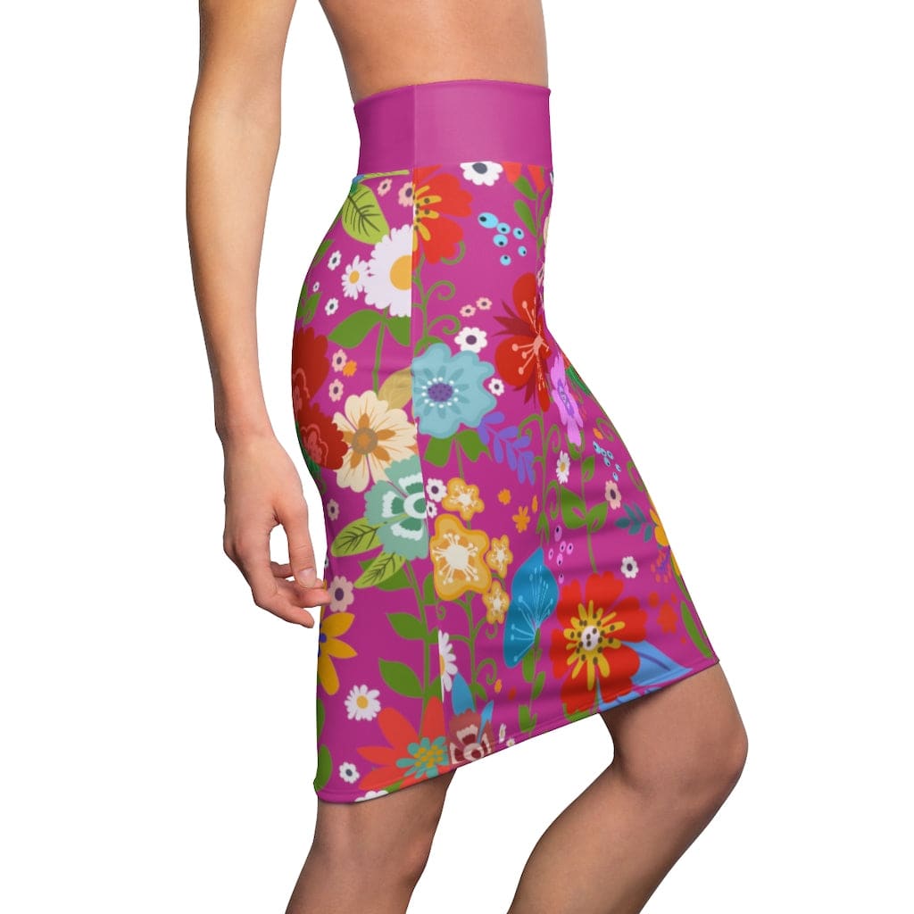 Womens Pencil Skirt, High Waist Stretch, Multicolor Floral Print, Pink