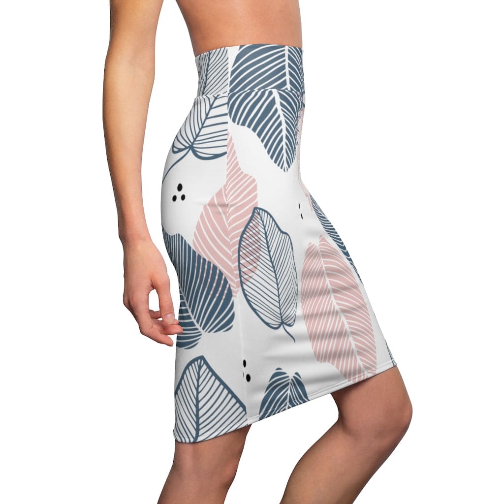 Womens Pencil Skirt, High Waist Stretch, Pastel Color Leaves
