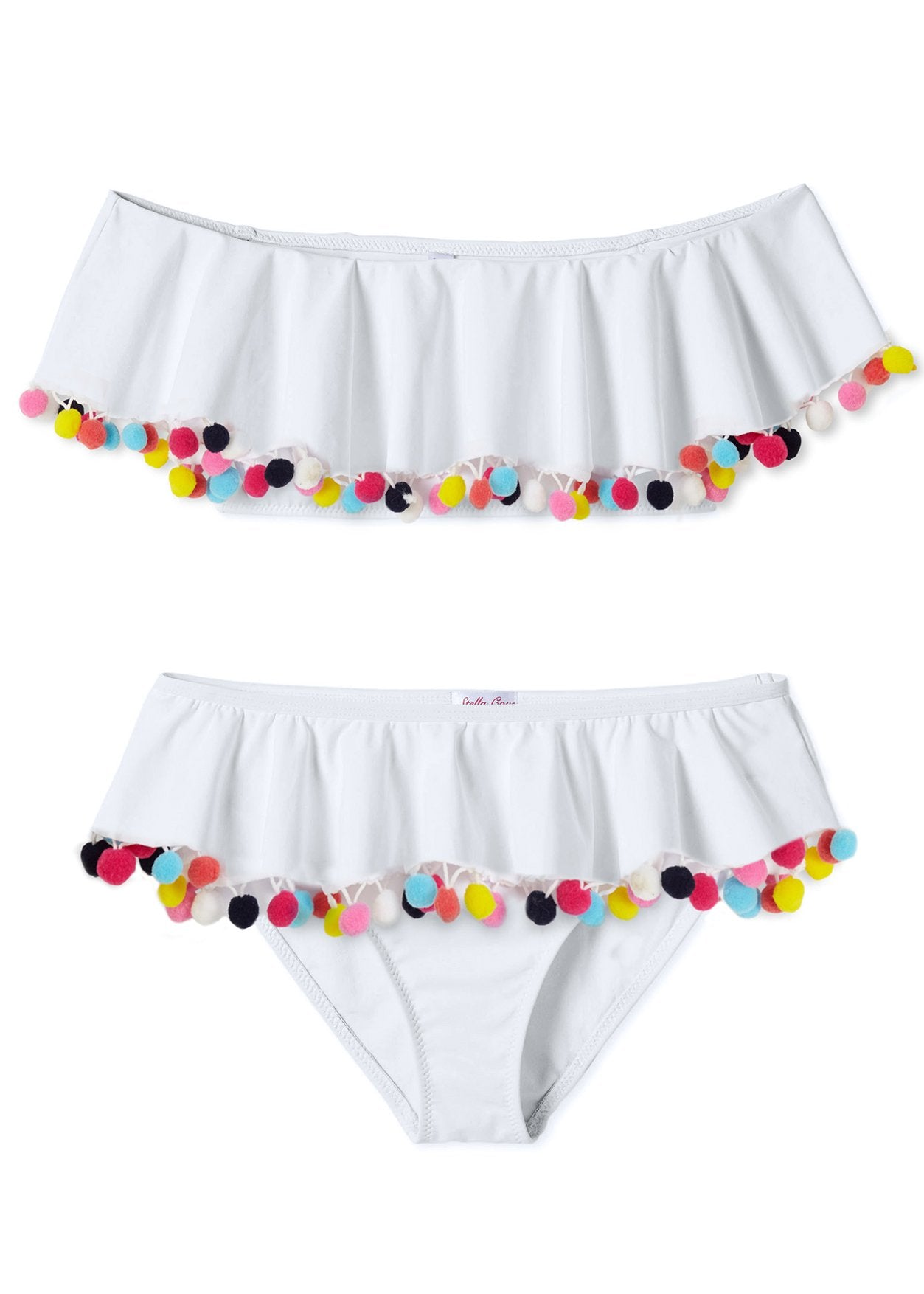 White Draped Bikini with Multicolor Pom Poms