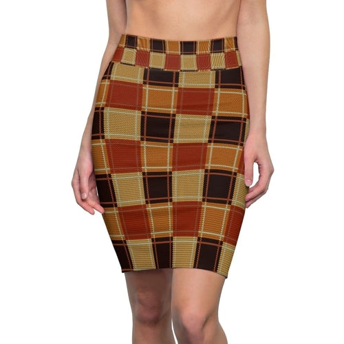 Womens Pencil Skirt, High Waist Stretch, Checker Brown