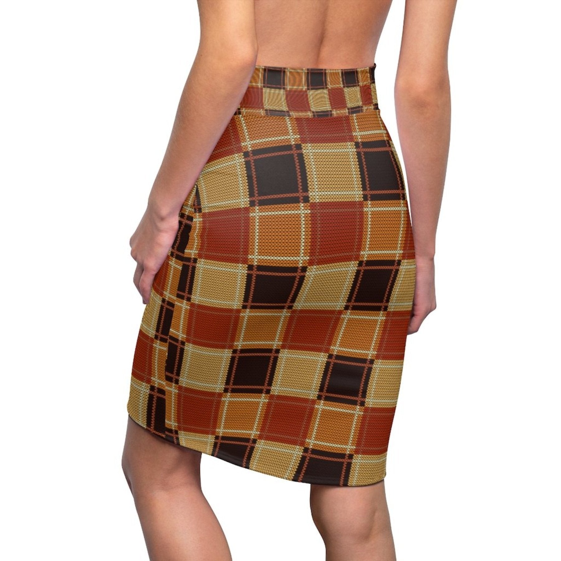 Womens Pencil Skirt, High Waist Stretch, Checker Brown