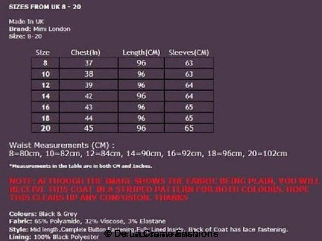 Wool Blend Double Breasted Skater Coat size chart and fabric details.