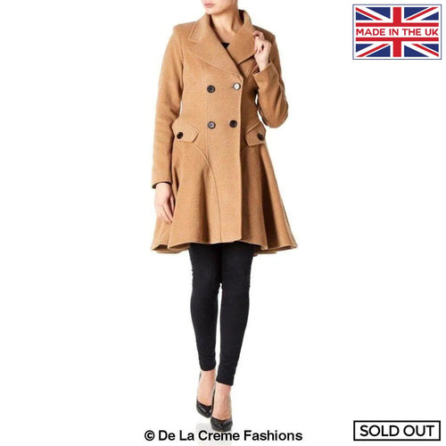 Wool blend double breasted skater coat (1102), A-Line shape, camel color, De La Creme Fashions.