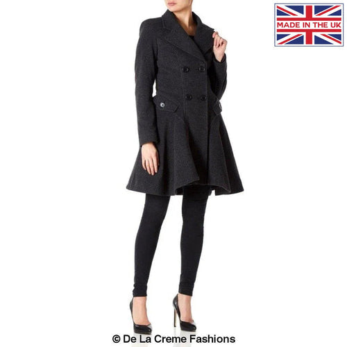 Wool Blend Double Breasted Skater Coat with A-Line shape and side pockets.