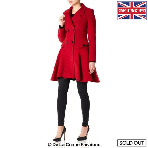 Wool Blend Double Breasted Skater Coat (1102) with lace fitting, Italian fabric, red color.