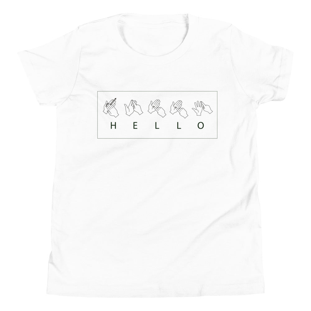 Sign Language Youth Short Sleeve T-Shirt with "HELLO" design in ASL.