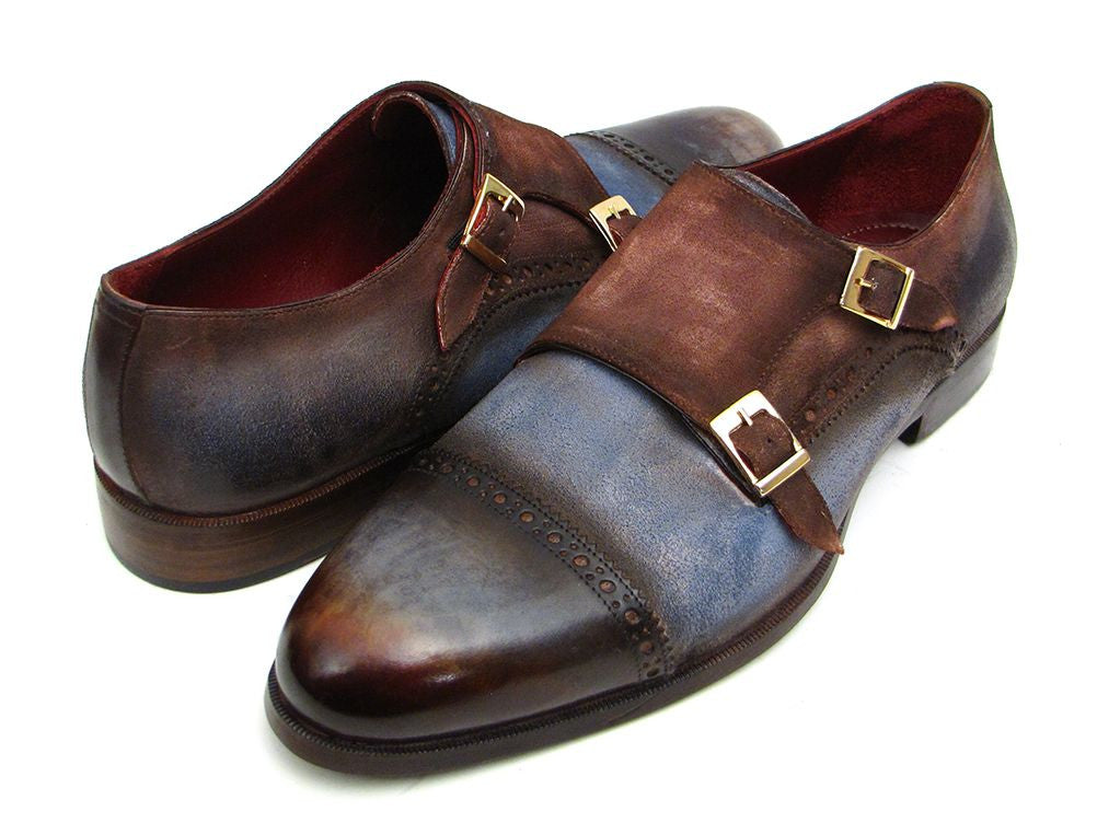 Paul Parkman Captoe Double Monkstrap Antique Blue &amp; Brown Suede