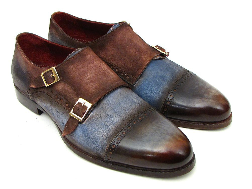 Paul Parkman Captoe Double Monkstrap Antique Blue &amp; Brown Suede