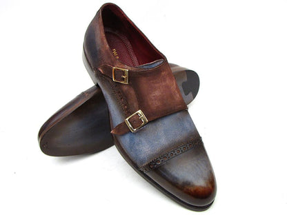 Paul Parkman Captoe Double Monkstrap Antique Blue &amp; Brown Suede